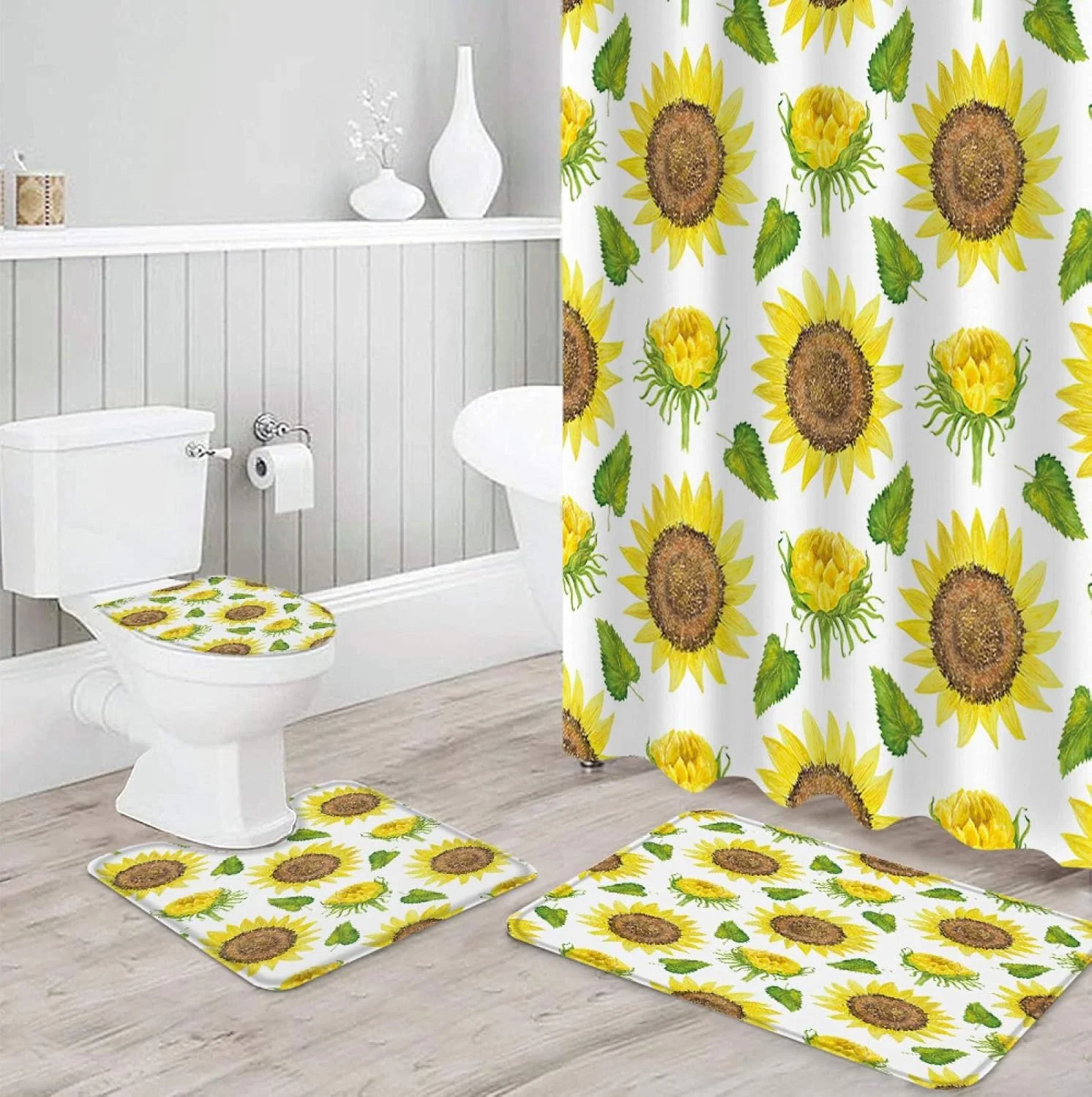 ست پرده حمام ضد آب با طرح گل آفتابگردان، فرش حمام، روکش صندلی توالت و پادری