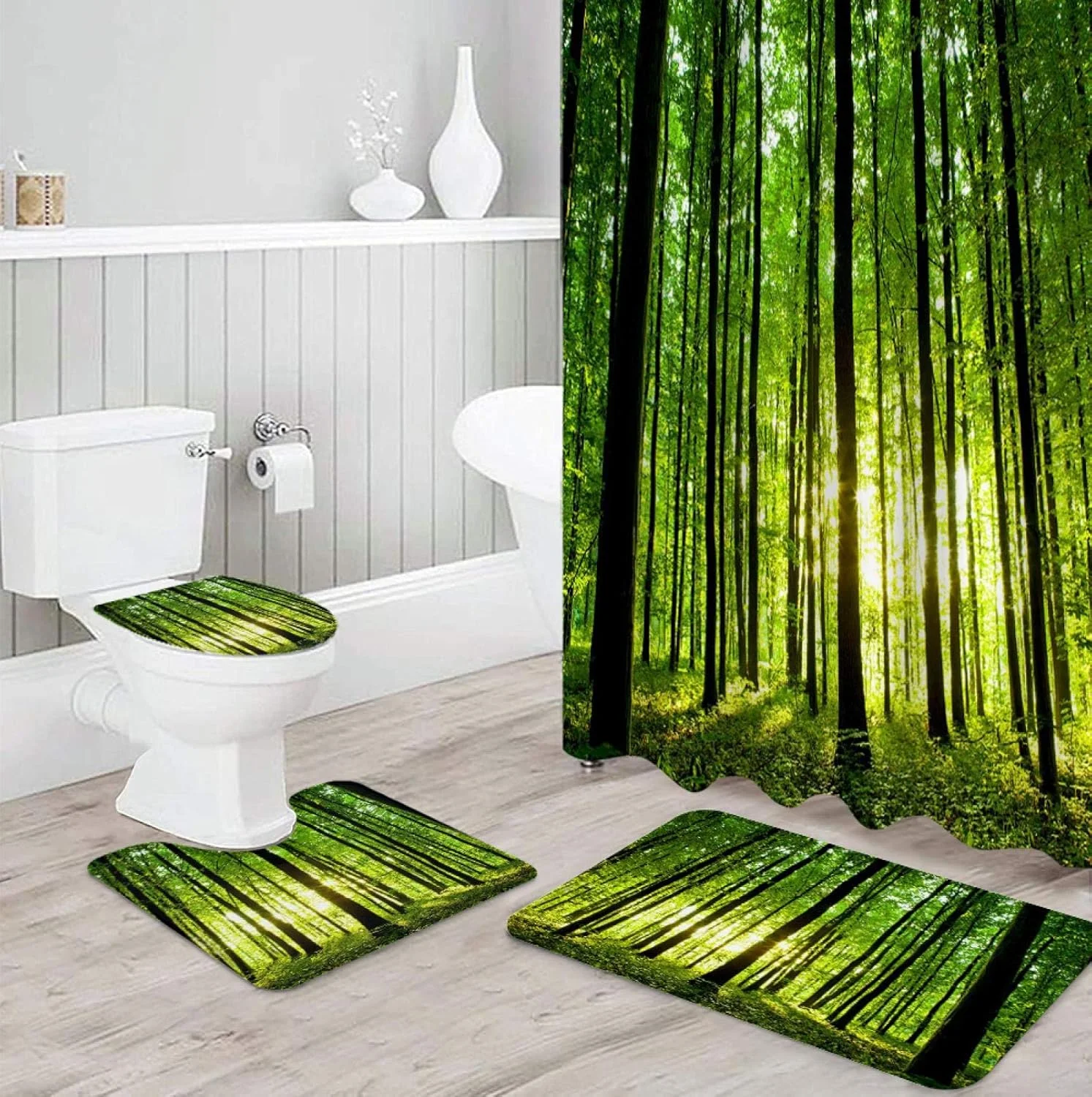 ست پرده حمام ضد آب و بادوام با طرح گیاهان جنگل سبز، شامل فرش دستشویی، روکش صندلی توالت و پادری