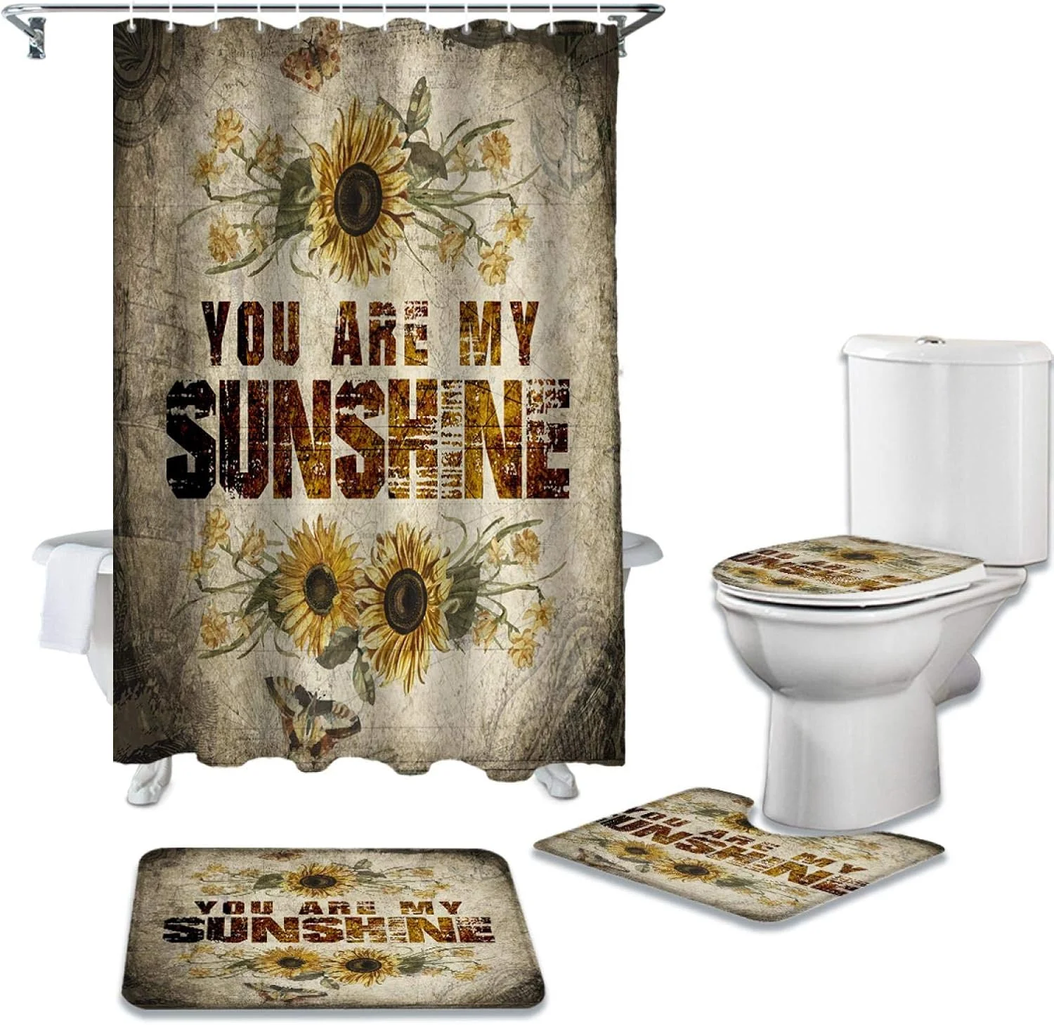 ست پرده حمام ضد آب با طرح آفتابگردان قدیمی، فرش حمام، روکش صندلی توالت و پادری