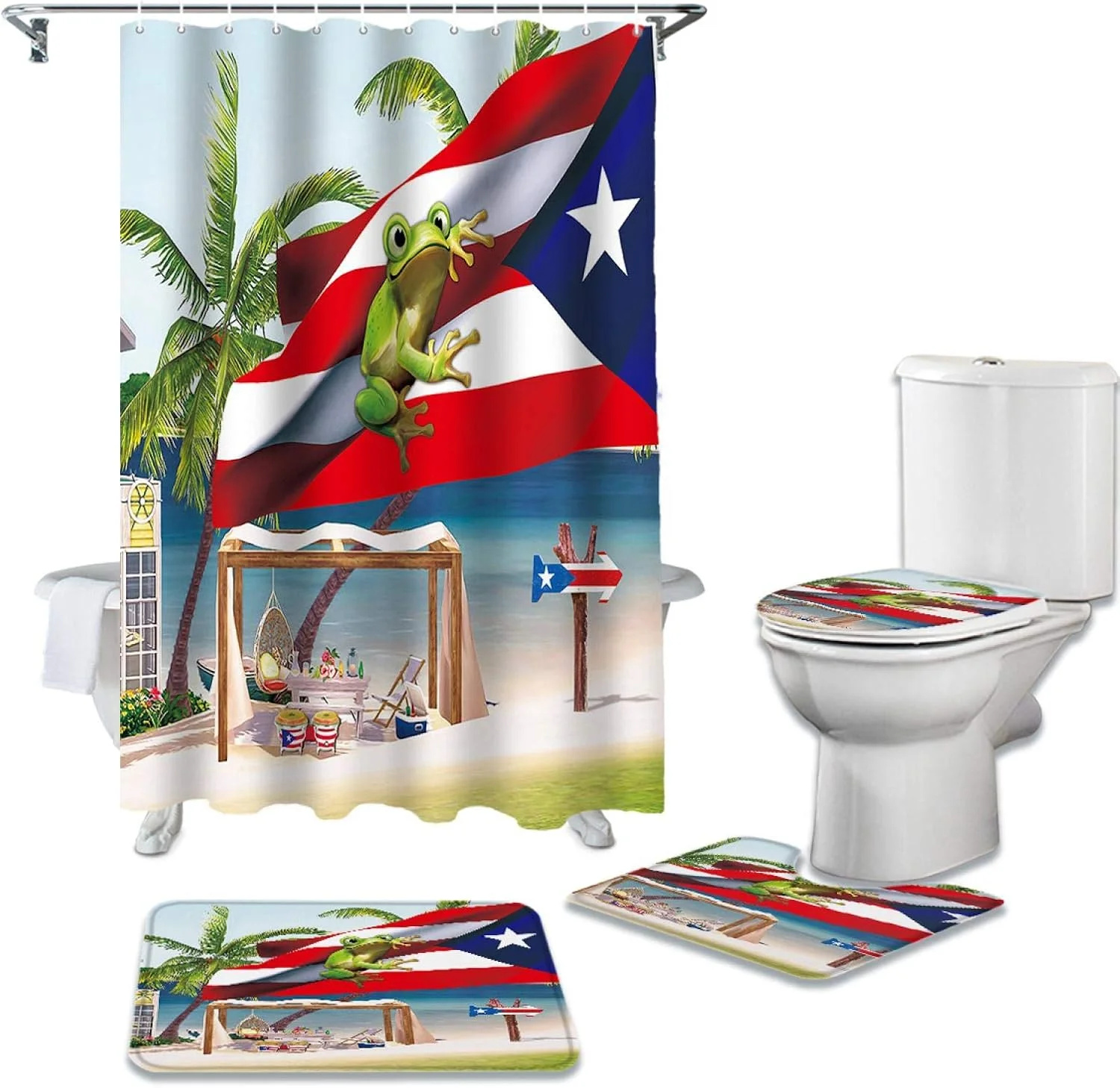 پرده حمام ضد آب با طرح درخت نخل به همراه فرش، پادری و زیرتوالتی