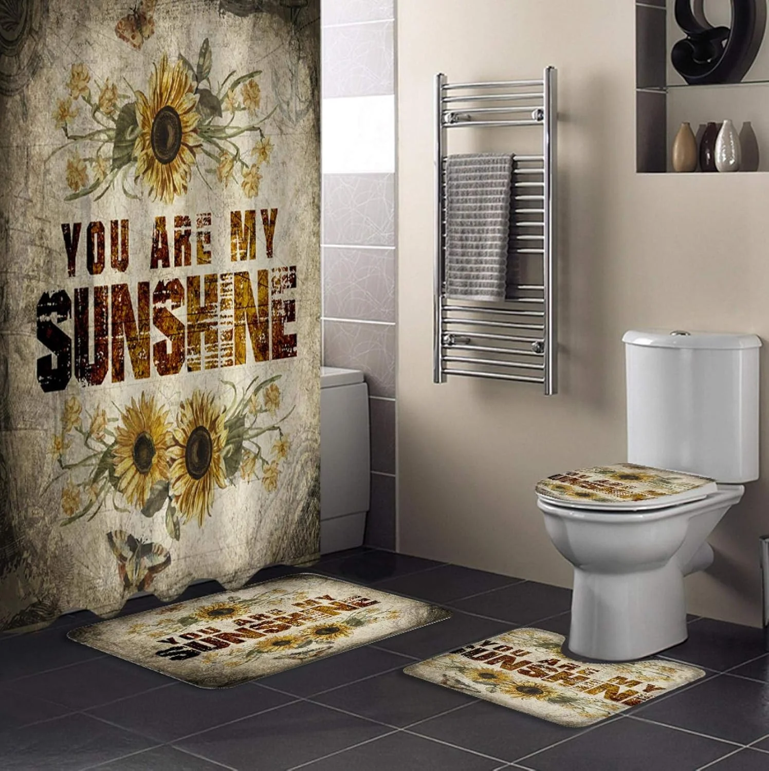 ست پرده حمام ضد آب با طرح آفتابگردان قدیمی، فرش حمام، روکش صندلی توالت و پادری