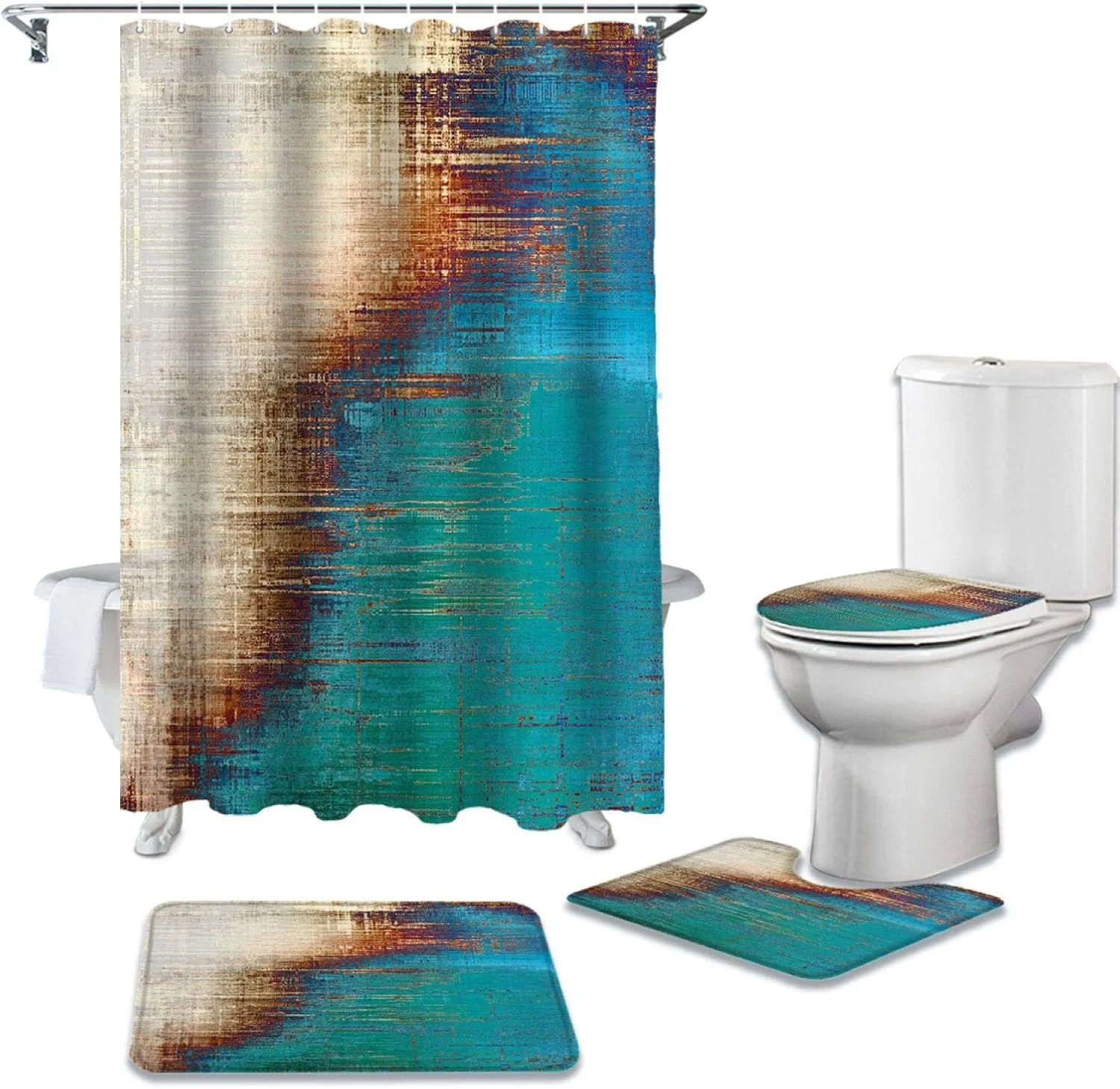 ست پرده حمام ضد آب با طرح هنری آبی بژ به سبک قدیمی، فرش و پادری حمام، روکش صندلی توالت