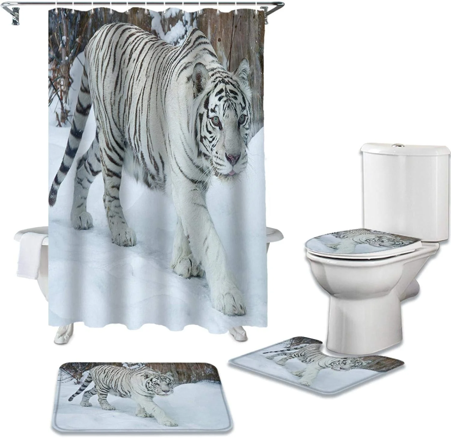 ست حمام ببر سفید در حال قدم زدن در برف شامل پرده حمام ضد آب با پارچه بادوام، فرش، روکش درب توالت و پادری