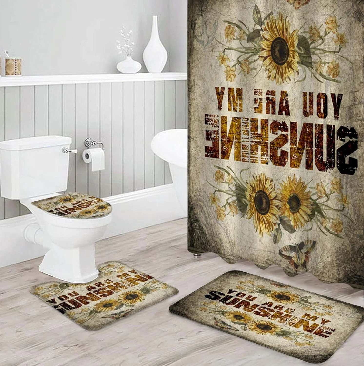 ست پرده حمام ضد آب با طرح آفتابگردان قدیمی، فرش حمام، روکش صندلی توالت و پادری