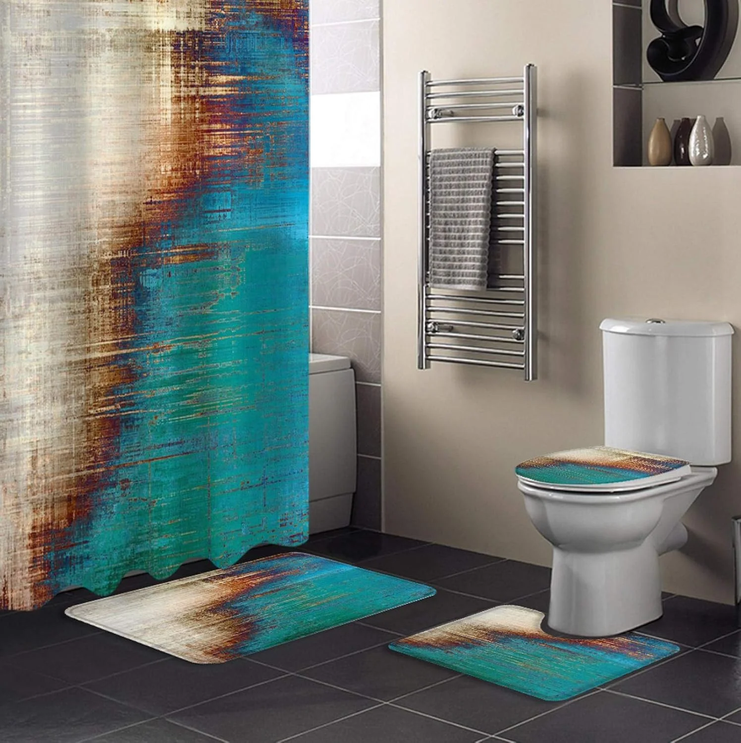 ست پرده حمام ضد آب با طرح هنری آبی بژ به سبک قدیمی، فرش و پادری حمام، روکش صندلی توالت