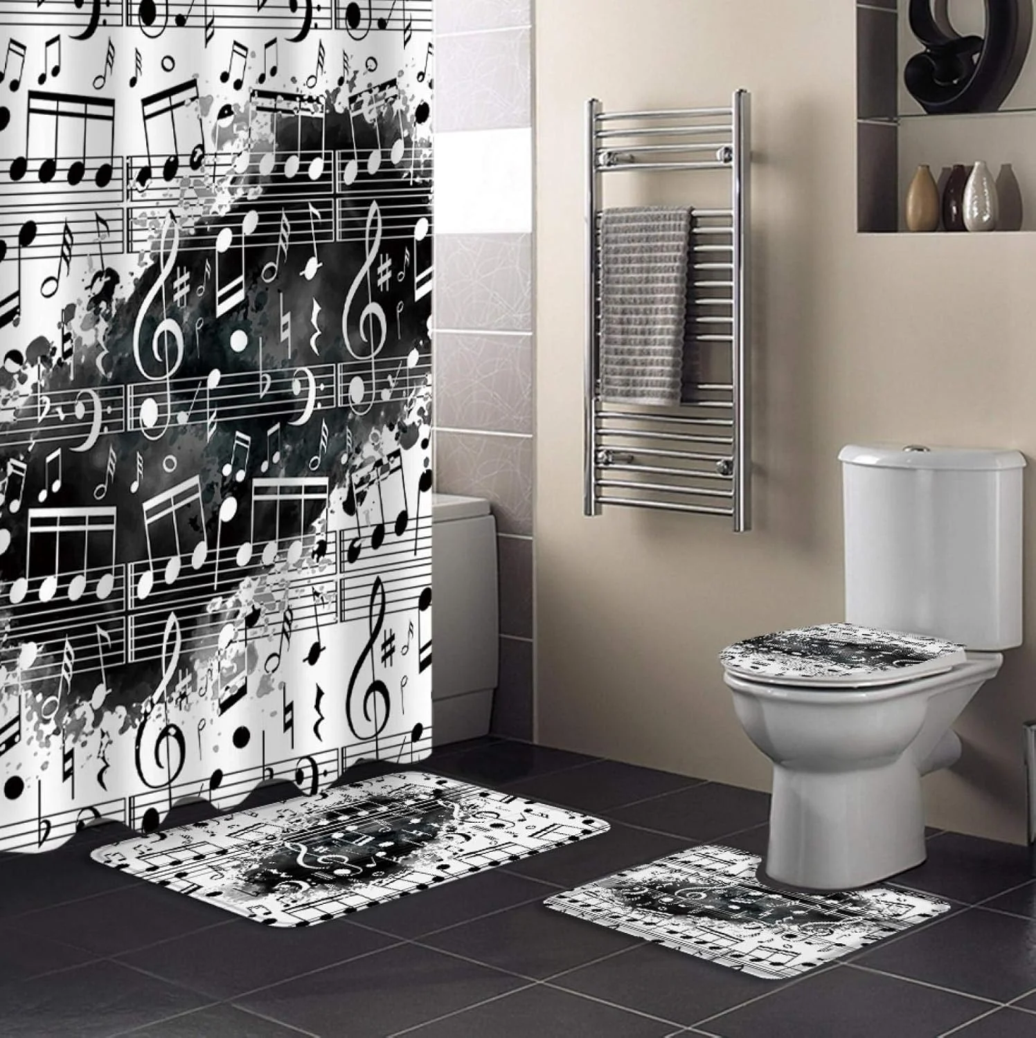 پرده حمام آبرنگی سیاه و سفید موزیکال BANLV، روکش فرش، روکش توالت، ست زیرانداز حمام، دکوراسیون منزل
