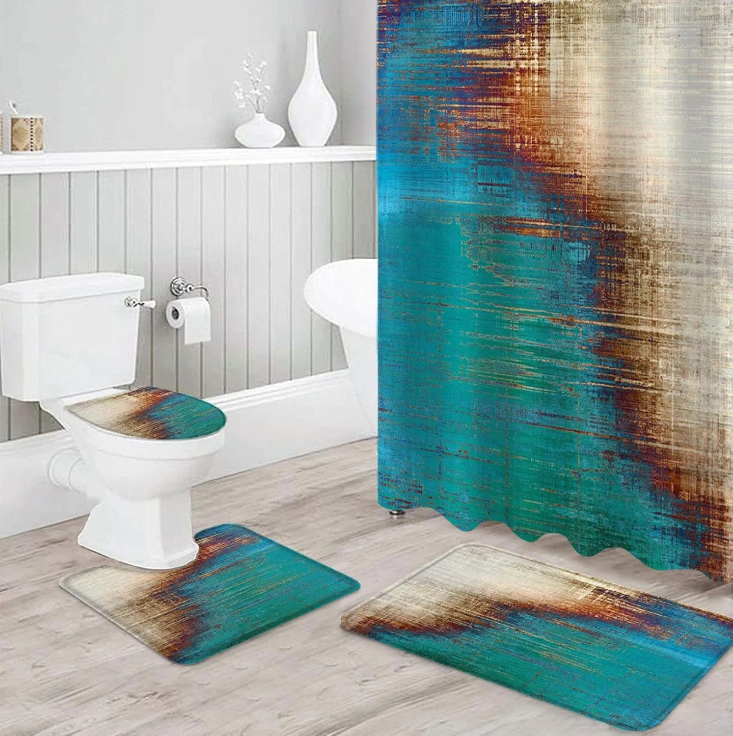 ست پرده حمام ضد آب با طرح هنری آبی بژ به سبک قدیمی، فرش و پادری حمام، روکش صندلی توالت