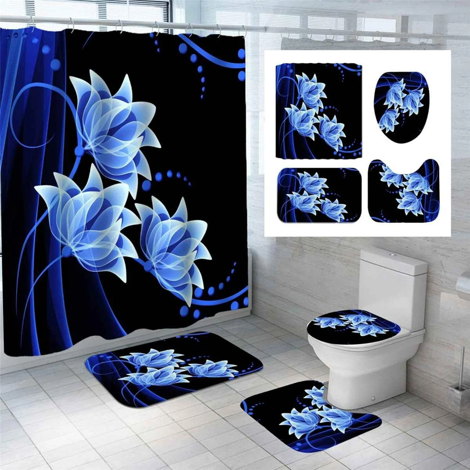 ست پرده حمام ضد آب، ست زیرانداز کف حمام، زیراندازهای حمام ضد لغزش، روکش درب توالت، فرش، فرش های مدرن حمام خانگی