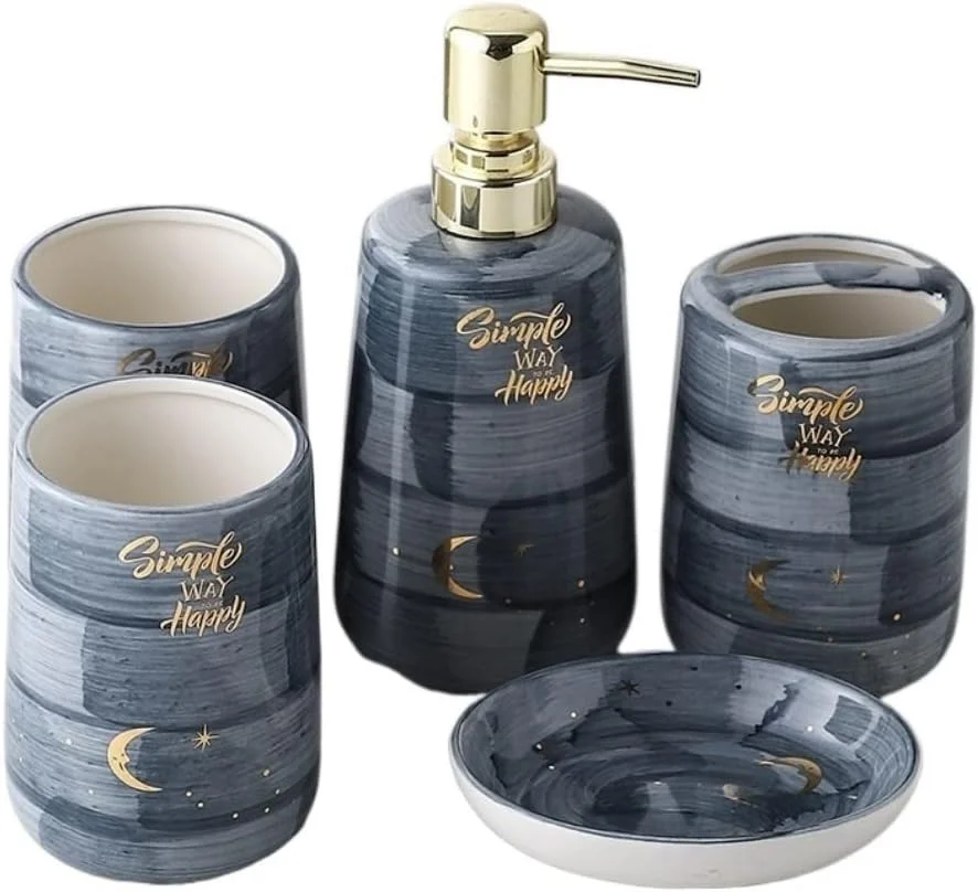 ست لوازم جانبی حمام - مجموعه 5 تکه شامل جا مایع صابون، جا مسواکی، لیوان، جا صابونی