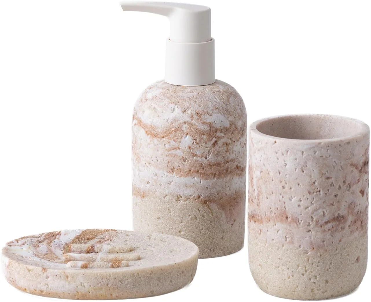 ست سرویس بهداشتی 3 تکه شامل جای مایع دستشویی، جا صابونی و جا مسواکی، ست سه تکه رزینی (سفید)