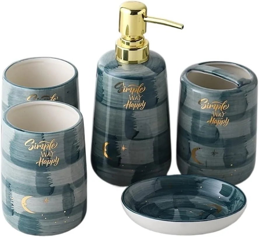 ست لوازم جانبی حمام - مجموعه 5 تکه شامل جا مایع صابون، جا مسواکی، لیوان، جا صابونی