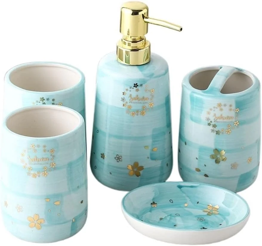 ست لوازم جانبی حمام - مجموعه 5 تکه شامل جا مایع صابون، جا مسواکی، لیوان، جا صابونی