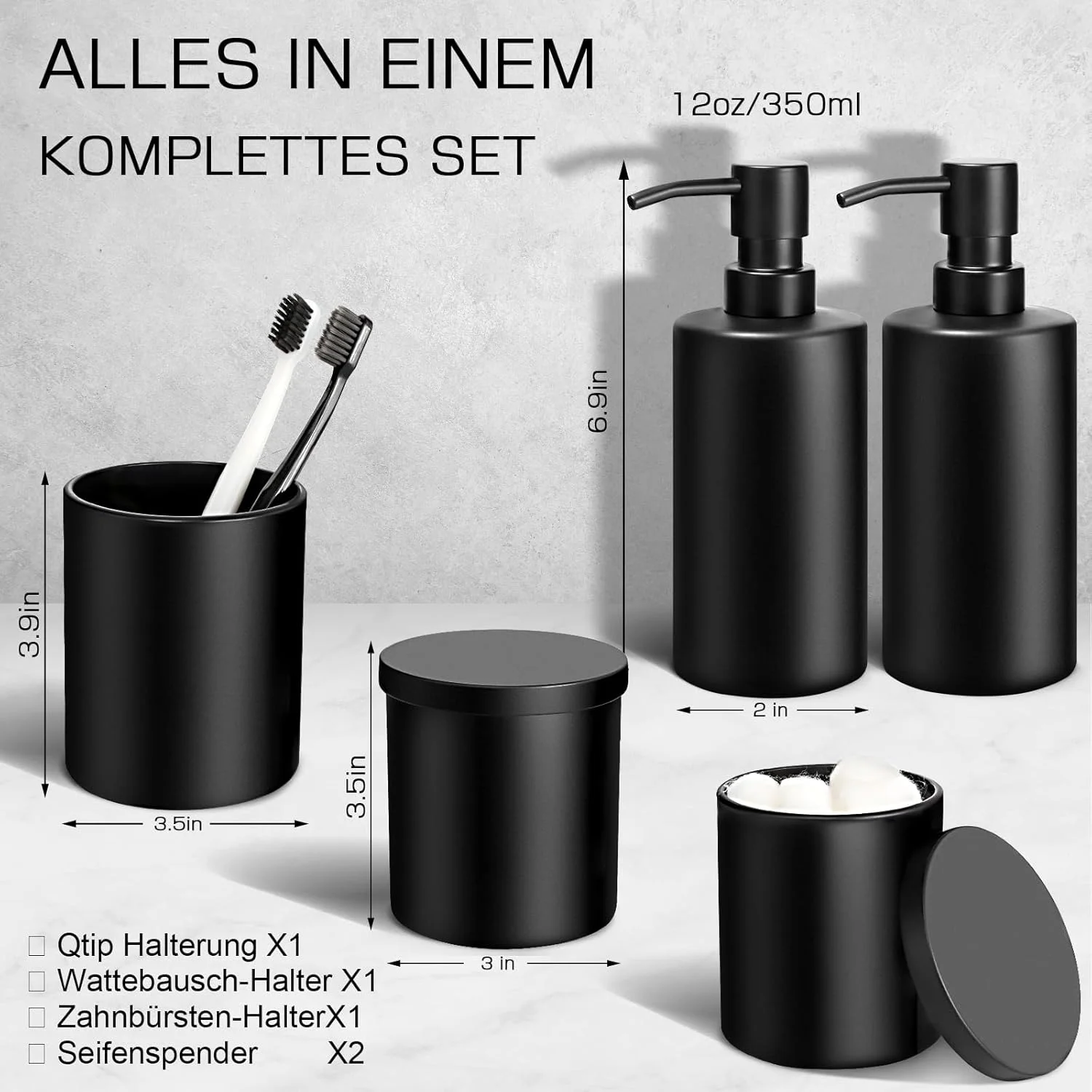 ست لوازم حمام GMISUN، ست 5 تکه شامل دو عدد جای مایع صابون شیشه ای، یک عدد لیوان مسواک، دو عدد جا پنبه ای، ست مشکی مات مناسب حمام، آشپزخانه و اتاق خواب