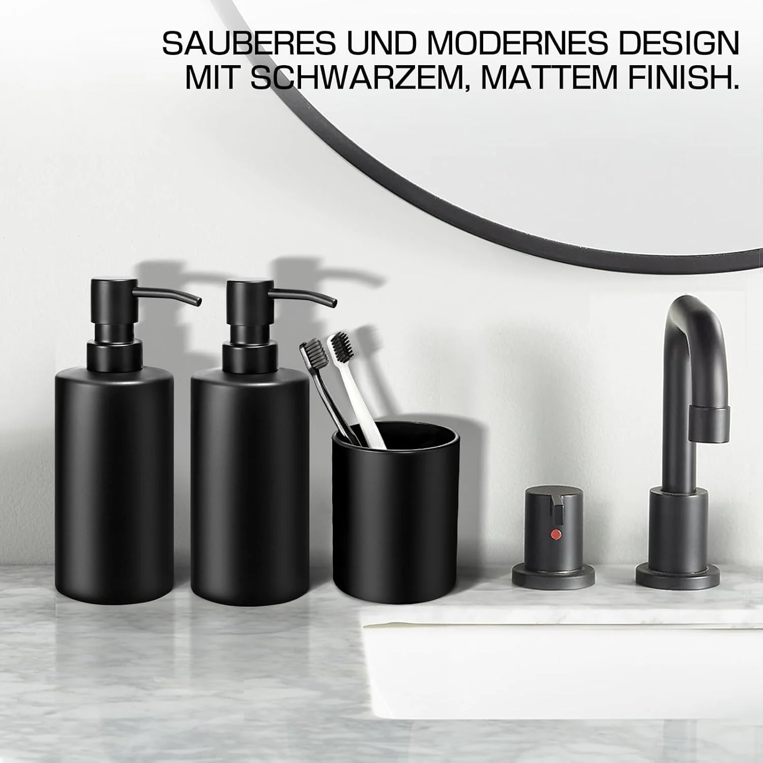 ست لوازم حمام GMISUN، ست 5 تکه شامل دو عدد جای مایع صابون شیشه ای، یک عدد لیوان مسواک، دو عدد جا پنبه ای، ست مشکی مات مناسب حمام، آشپزخانه و اتاق خواب