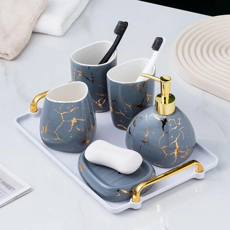 ست لوازم بهداشتی 6 تکه حمام، شامل جا مسواکی و لیوان