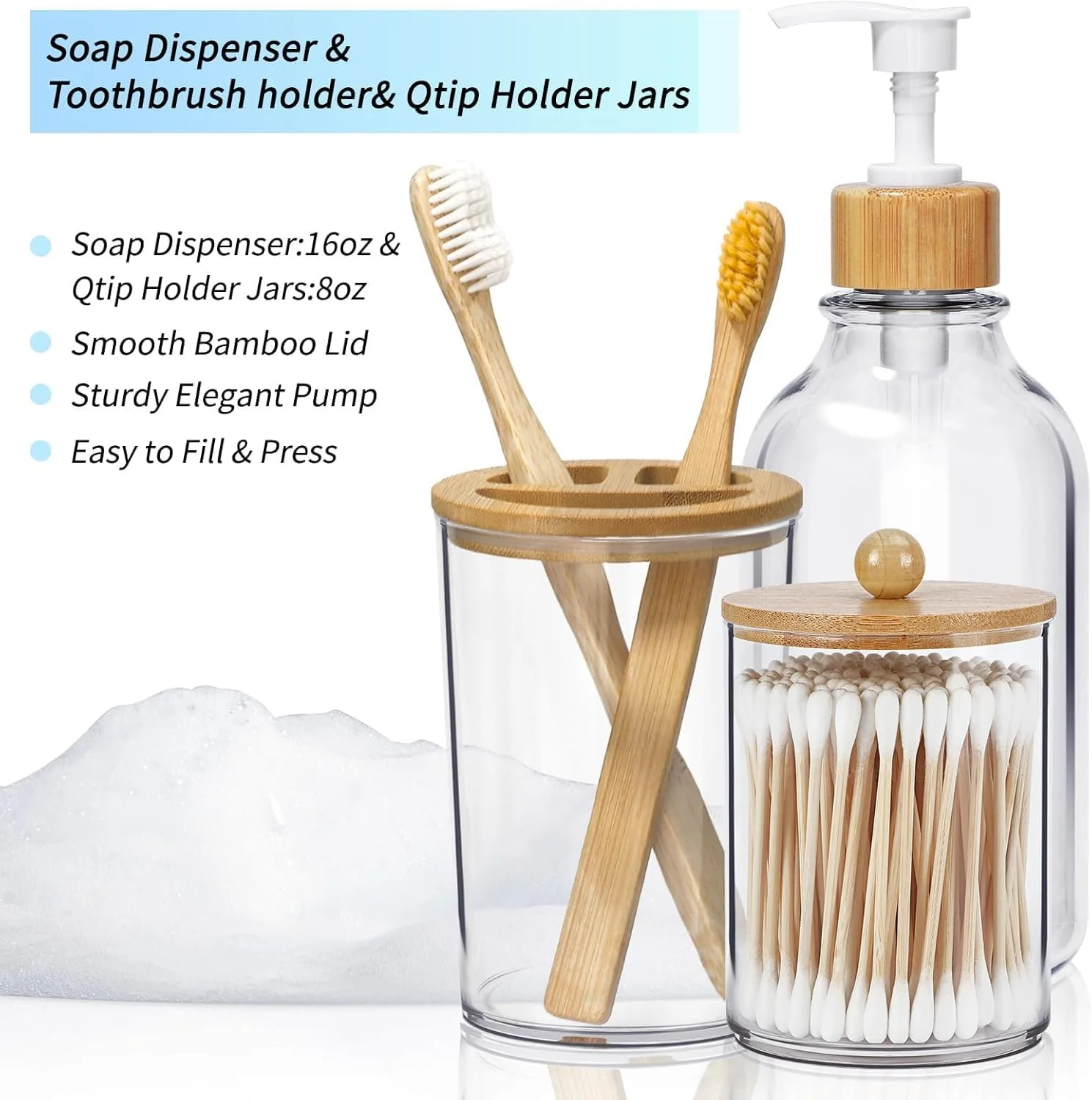 ست لوازم جانبی شیشه ای حمام، 4 تکه، جا مایع صابون با درب بامبو، جا مسواکی، 2 عدد جا پنبه، سبک بوهو ست لوازم جانبی شیشه ای حمام، 4 تکه، جا مایع صابون با درب بامبو، جا مسواکی، 2 عدد جا پنبه، سبک بوهو