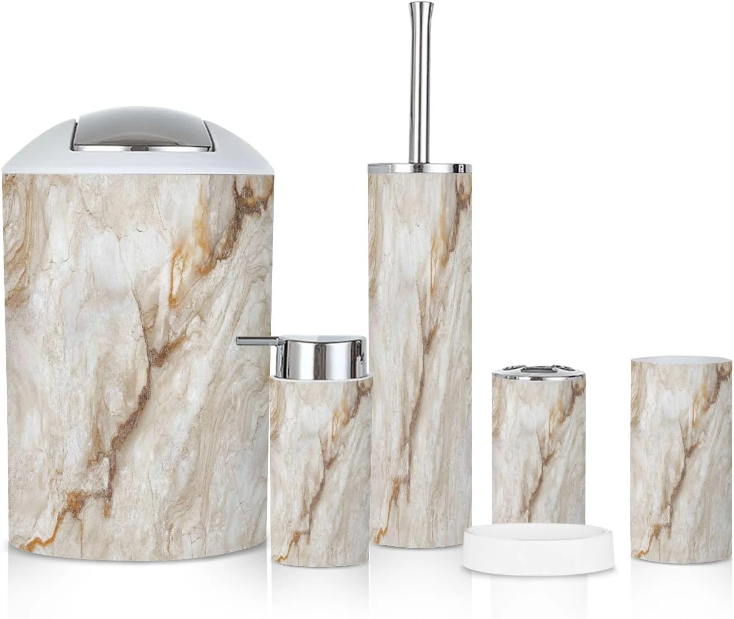 ست لوازم جانبی حمام 6 تکه، طرح مرمر بژ، بافت سنگ واقعی قهوه ای استاتوریو، شامل سطل زباله، جا مسواکی، لیوان مسواک، جا صابونی و ظرف صابون برای منزل