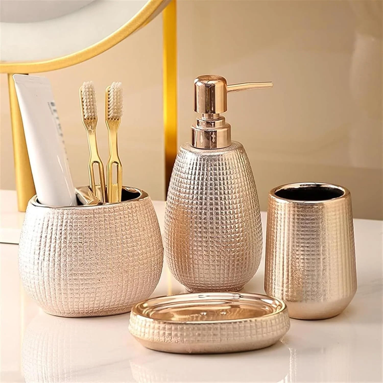 ست لوازم جانبی حمام، ست لوازم جانبی حمام رز گلد، ست لوازم جانبی حمام لوکس سرامیکی کامل، جا صابونی، جا مسواکی، جا مایع