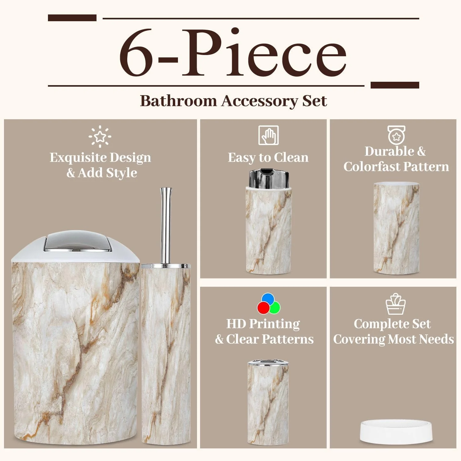 ست لوازم جانبی حمام 6 تکه، طرح مرمر بژ، بافت سنگ واقعی قهوه ای استاتوریو، شامل سطل زباله، جا مسواکی، لیوان مسواک، جا صابونی و ظرف صابون برای منزل