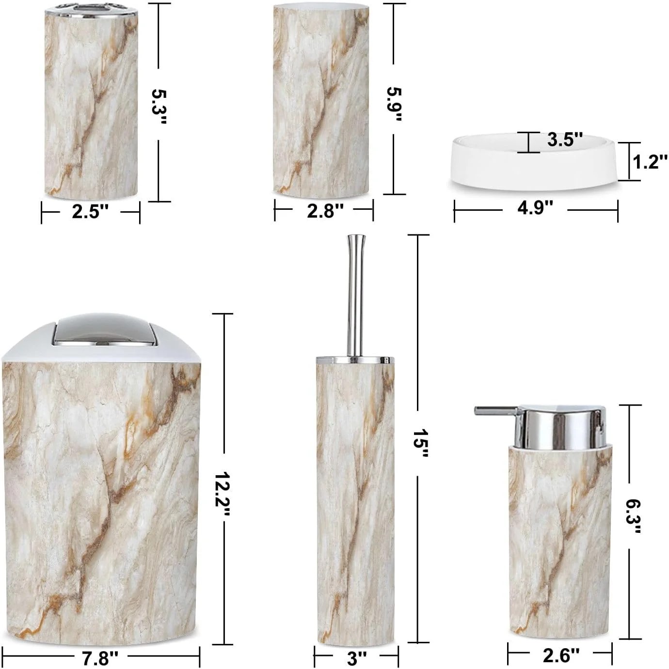 ست لوازم جانبی حمام 6 تکه، طرح مرمر بژ، بافت سنگ واقعی قهوه ای استاتوریو، شامل سطل زباله، جا مسواکی، لیوان مسواک، جا صابونی و ظرف صابون برای منزل