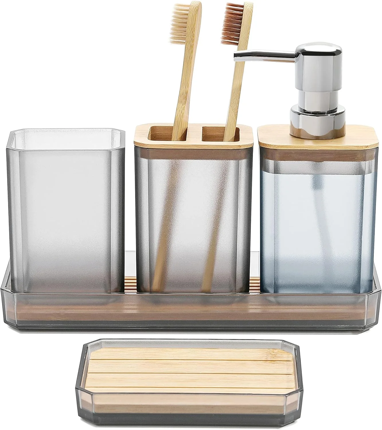 ست لوازم جانبی حمام، ست هدیه لوازم جانبی حمام 5 تکه شامل جا مایع صابون و جا مسواکی، جا مایع صابون، جا مسواکی، لیوان مسواک، سینی روشویی، دکور حمام مدرن (خاکستری)