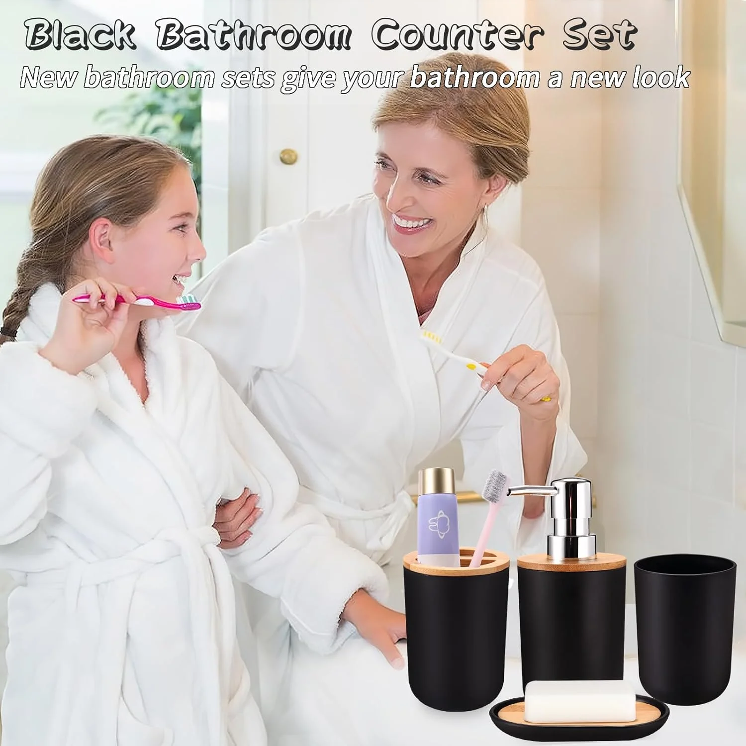 ست لوازم جانبی مشکی برای حمام، ست 9 تکه لوازم جانبی حمام شامل سطل زباله، سینی روشویی، جا مایع صابون، جا صابونی، جا مسواکی، لیوان مسواک، برس توالت و جا گوش پاک کن