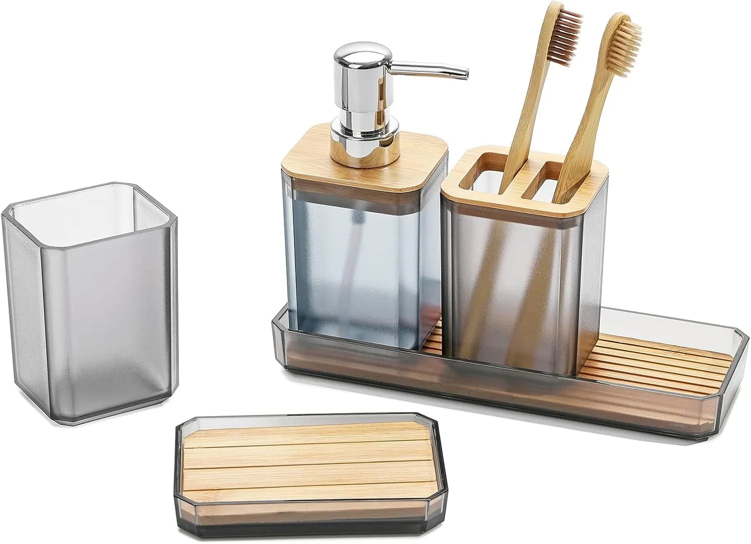 ست لوازم جانبی حمام، ست هدیه لوازم جانبی حمام 5 تکه شامل جا مایع صابون و جا مسواکی، جا مایع صابون، جا مسواکی، لیوان مسواک، سینی روشویی، دکور حمام مدرن (خاکستری)