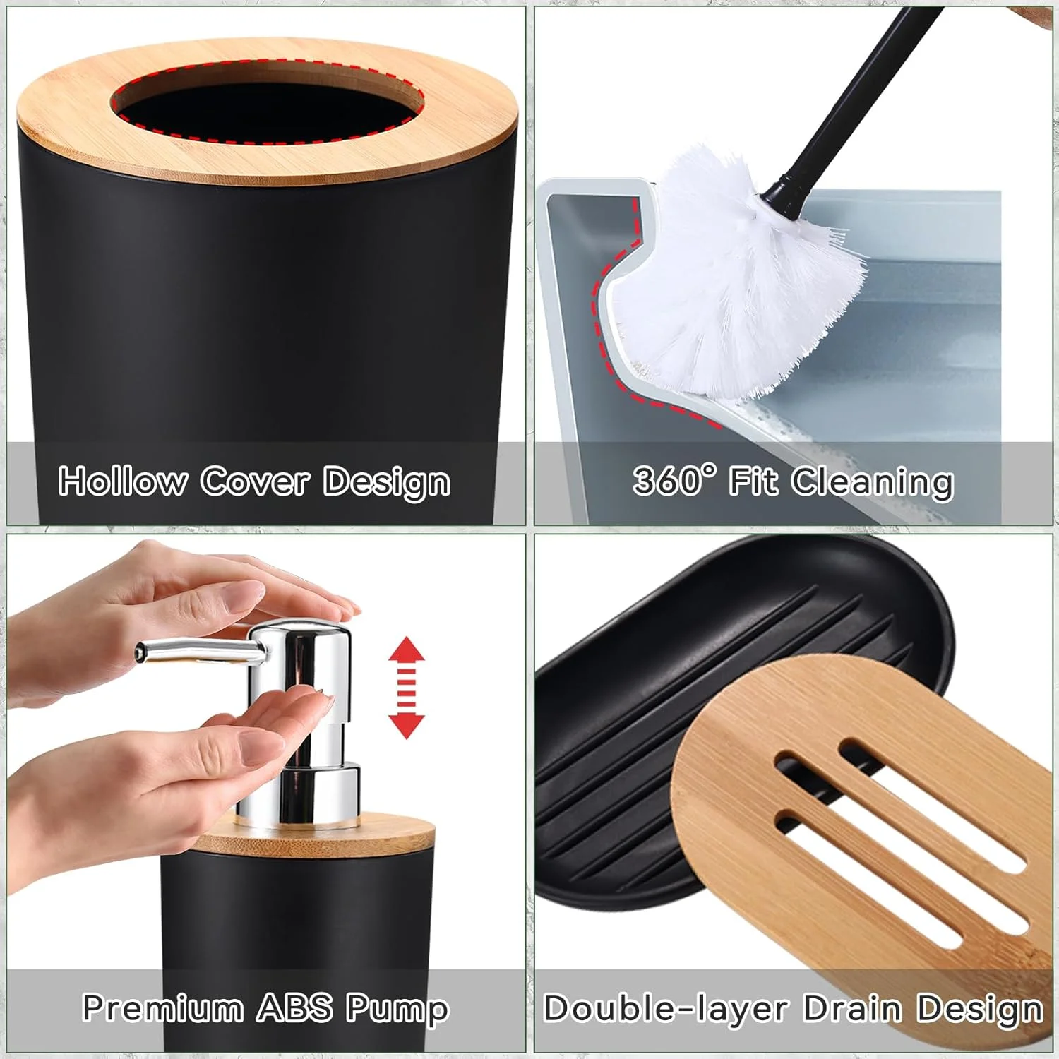 ست لوازم جانبی مشکی برای حمام، ست 9 تکه لوازم جانبی حمام شامل سطل زباله، سینی روشویی، جا مایع صابون، جا صابونی، جا مسواکی، لیوان مسواک، برس توالت و جا گوش پاک کن