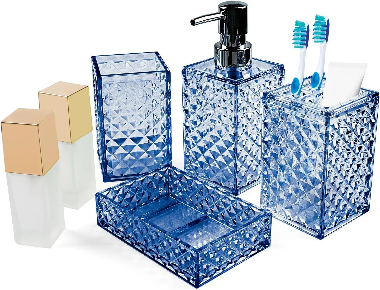 ست لوازم جانبی حمام، ست پیشخوان حمام اکریلیک سبز مریم گلی با جا مسواکی، جا مایع صابون، لیوان، جا صابونی، دکور لوازم جانبی حمام مدرن بوهو، انتخاب ایده آل هدیه (آبی)