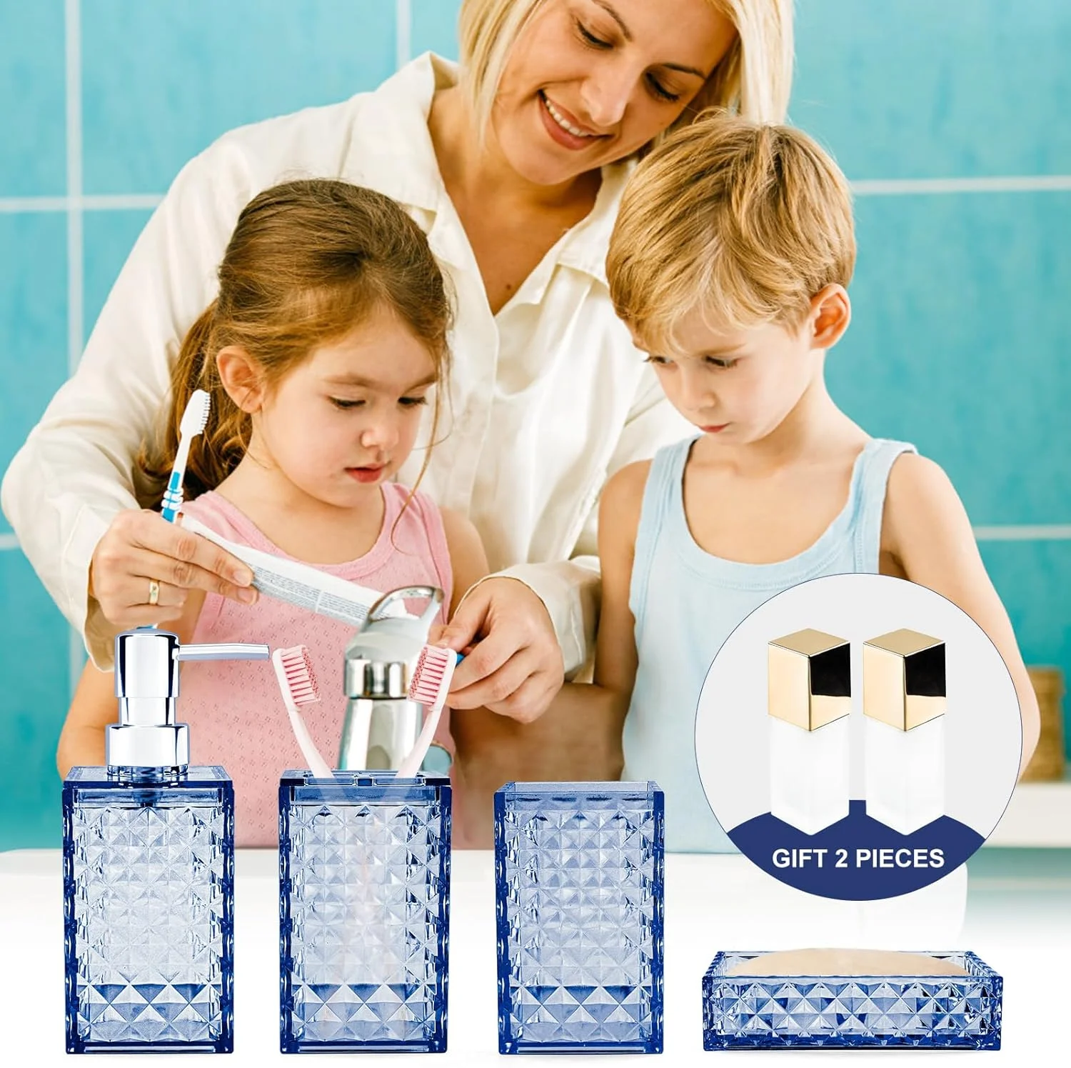 ست لوازم جانبی حمام، ست پیشخوان حمام اکریلیک سبز مریم گلی با جا مسواکی، جا مایع صابون، لیوان، جا صابونی، دکور لوازم جانبی حمام مدرن بوهو، انتخاب ایده آل هدیه (آبی)