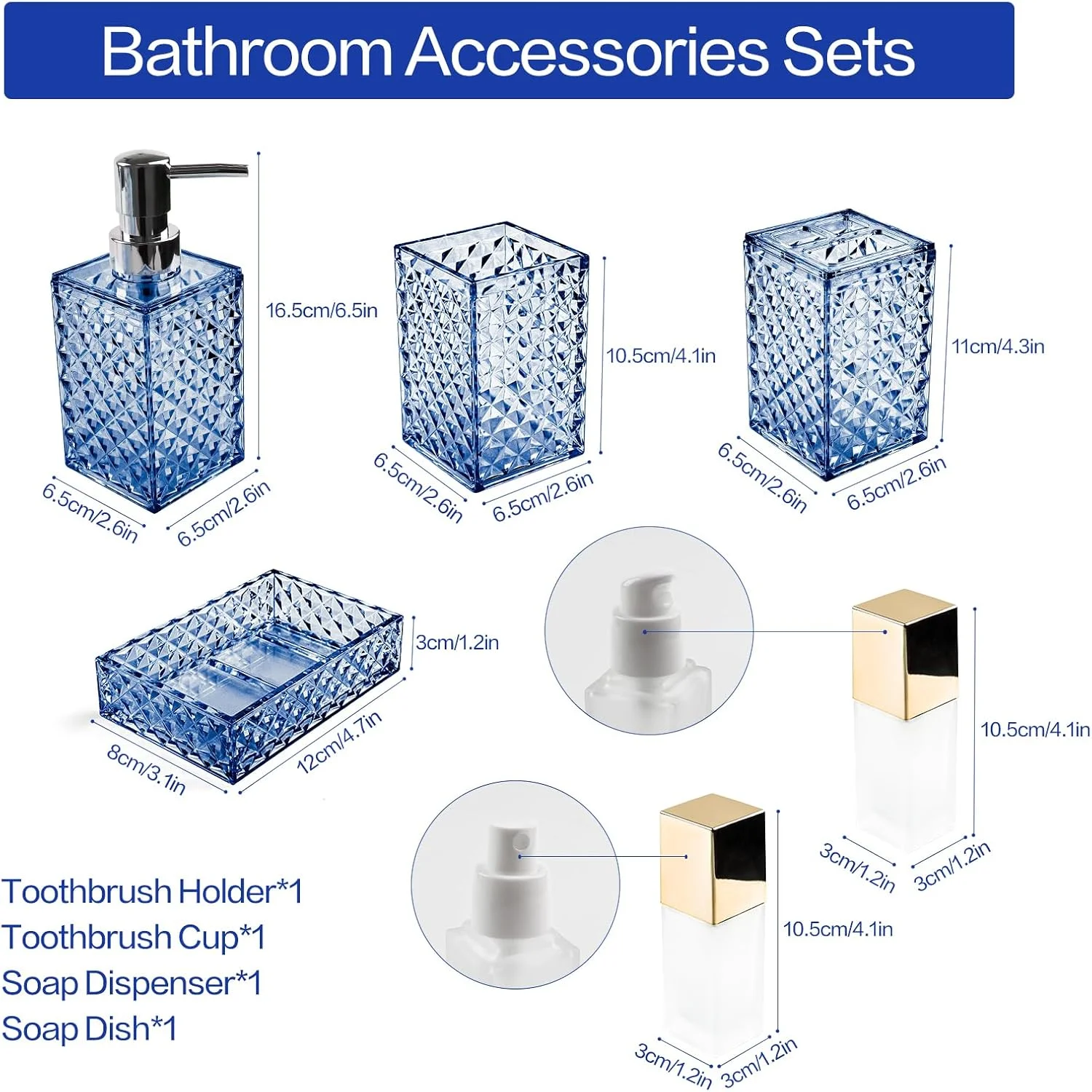 ست لوازم جانبی حمام، ست پیشخوان حمام اکریلیک سبز مریم گلی با جا مسواکی، جا مایع صابون، لیوان، جا صابونی، دکور لوازم جانبی حمام مدرن بوهو، انتخاب ایده آل هدیه (آبی)