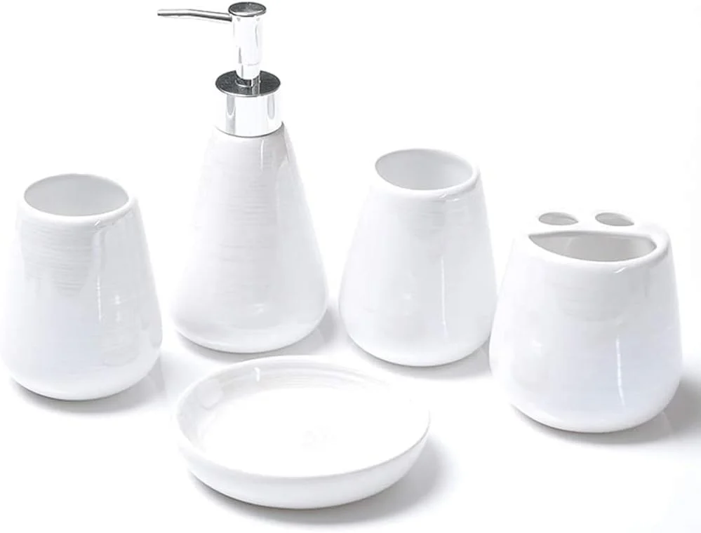 ست لوازم جانبی حمام 5 تکه با ظاهر مرواریدی، ست حمام سرامیکی با پخش کننده صابون مایع و غیره، بطری پمپ لوسیون چند رنگه، پخش کننده لوسیون