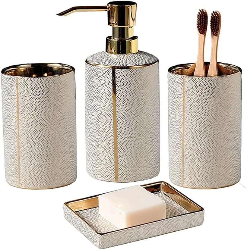 ست لوازم جانبی سرامیکی 4 تکه برای حمام، لوازم تزئینی حمام شامل جا مایع صابون، جا مسواکی، لیوان حمام، جای صابون