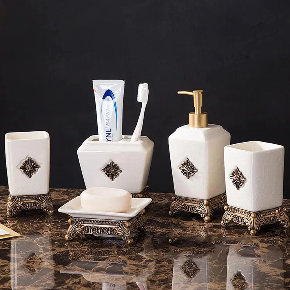 ست لوازم جانبی حمام 5 تکه سرامیکی شامل جای مایع لوسیون، جا مسواکی، جای صابون و لیوان، دکوراسیون وینتیج رومی برای منزل و هتل