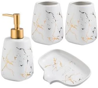 ست لوازم جانبی حمام 4 تکه سرامیکی طلایی مشکی خلاقانه شامل پمپ لوسیون، جا مسواکی، لیوان و جا صابونی (سفید سرامیکی)