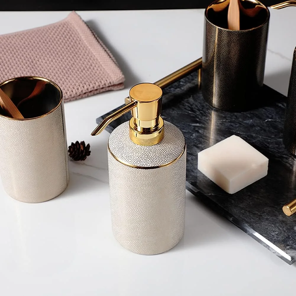 ست لوازم جانبی سرامیکی 4 تکه برای حمام، شامل جای مایع دستشویی، جا مسواکی، لیوان و جا صابونی