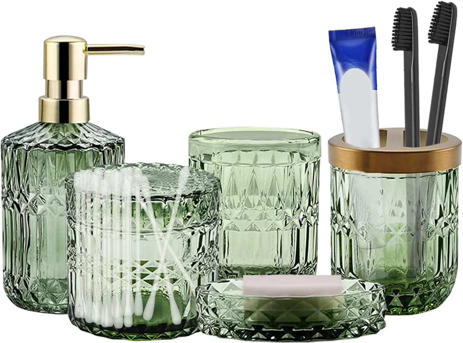 ست لوازم جانبی حمام، ست کامل 5 تکه لوازم جانبی حمام، پخش کننده لوسیون، جای صابون، جا مسواکی، لیوان، جا پنبه ای، ست دکوری حمام، لوازم جانبی حمام برای خانم ها، سبز