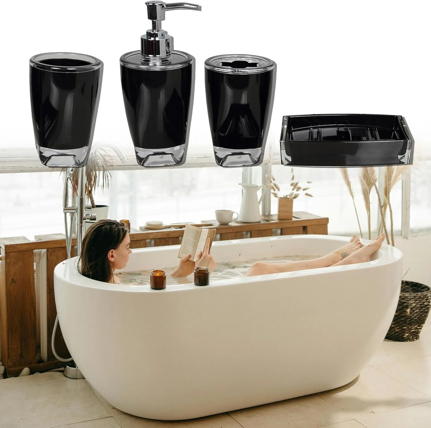 ست لوازم جانبی حمام، 4 تکه، شامل جا مایع صابون، جا مسواکی، جا صابونی و لیوان دهانشویه