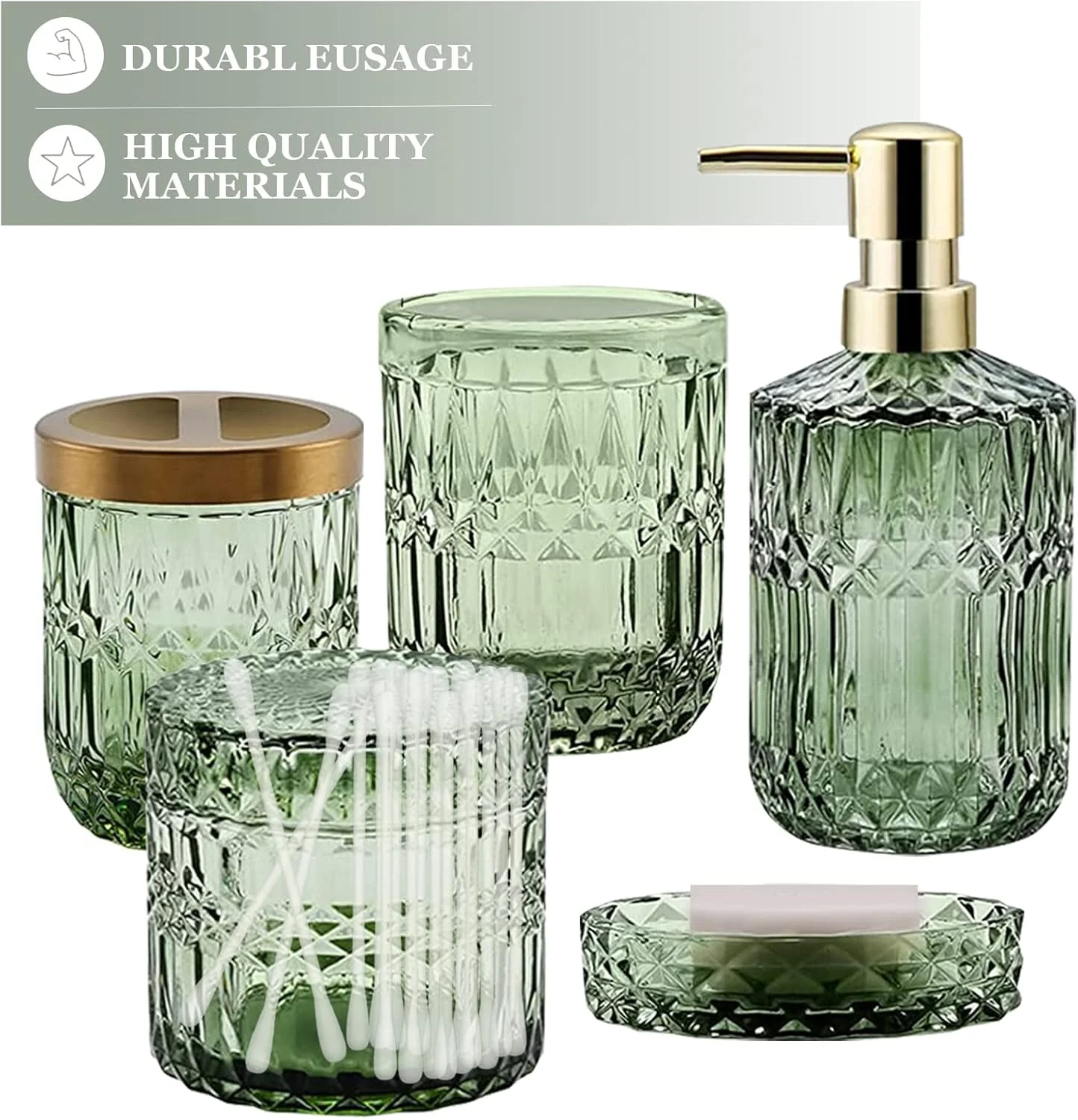 ست لوازم جانبی حمام، ست کامل 5 تکه لوازم جانبی حمام، پخش کننده لوسیون، جای صابون، جا مسواکی، لیوان، جا پنبه ای، ست دکوری حمام، لوازم جانبی حمام برای خانم ها، سبز