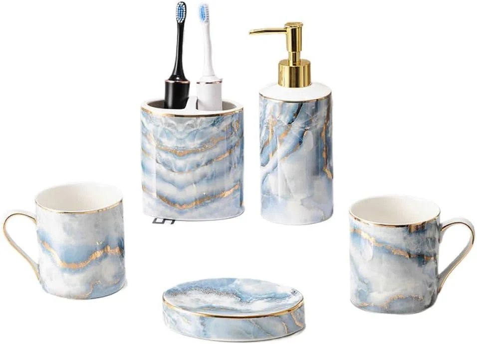 ست لوازم جانبی حمام سرامیکی طرح مرمر آبی، ست کامل هتلی، لوازم جانبی لوکس حمام با جا مسواکی/مایع ریز صابون/جای صابون (آبی B)