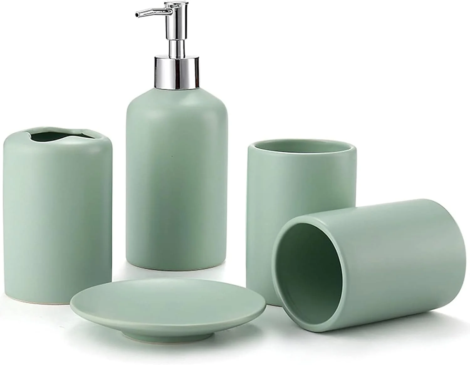 ست لوازم جانبی حمام، شامل جا صابونی، مایع ریز صابون، جا مسواکی و لیوان، ست حمام نوردیک