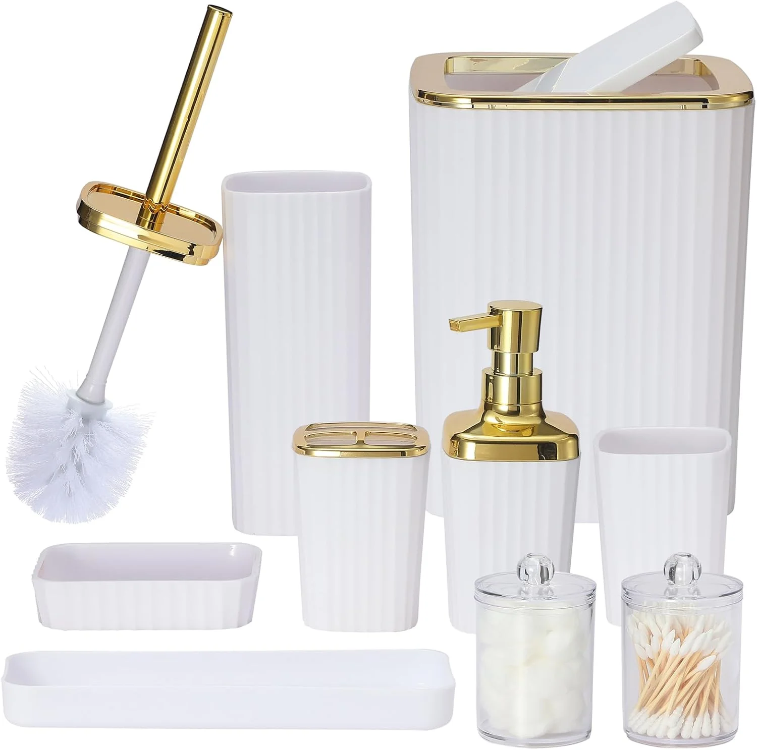 ست لوازم جانبی حمام، ست ۹ تکه سفید کامل حمام شامل جا مسواکی، سطل زباله، جا مایع لوسیون، لیوان مسواک، سینی روشویی، جا صابونی، برس توالت، جا پنبه برای خانه جدید