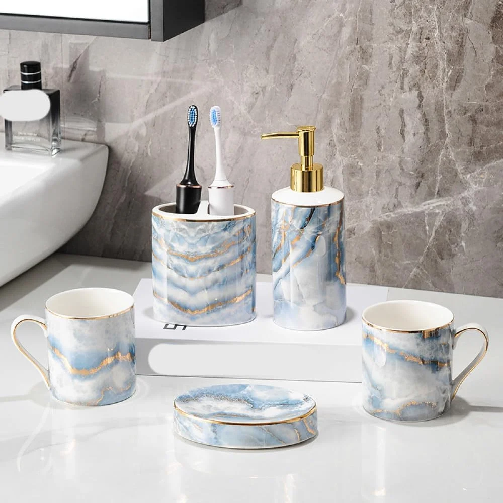 ست لوازم جانبی حمام سرامیکی طرح مرمر آبی، ست کامل هتلی، لوازم جانبی لوکس حمام با جا مسواکی/مایع ریز صابون/جای صابون (آبی B)