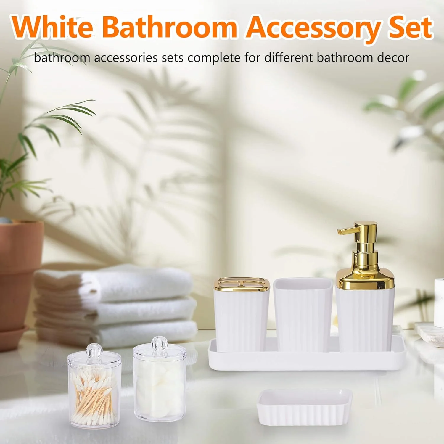 ست لوازم جانبی حمام، ست ۹ تکه سفید کامل حمام شامل جا مسواکی، سطل زباله، جا مایع لوسیون، لیوان مسواک، سینی روشویی، جا صابونی، برس توالت، جا پنبه برای خانه جدید