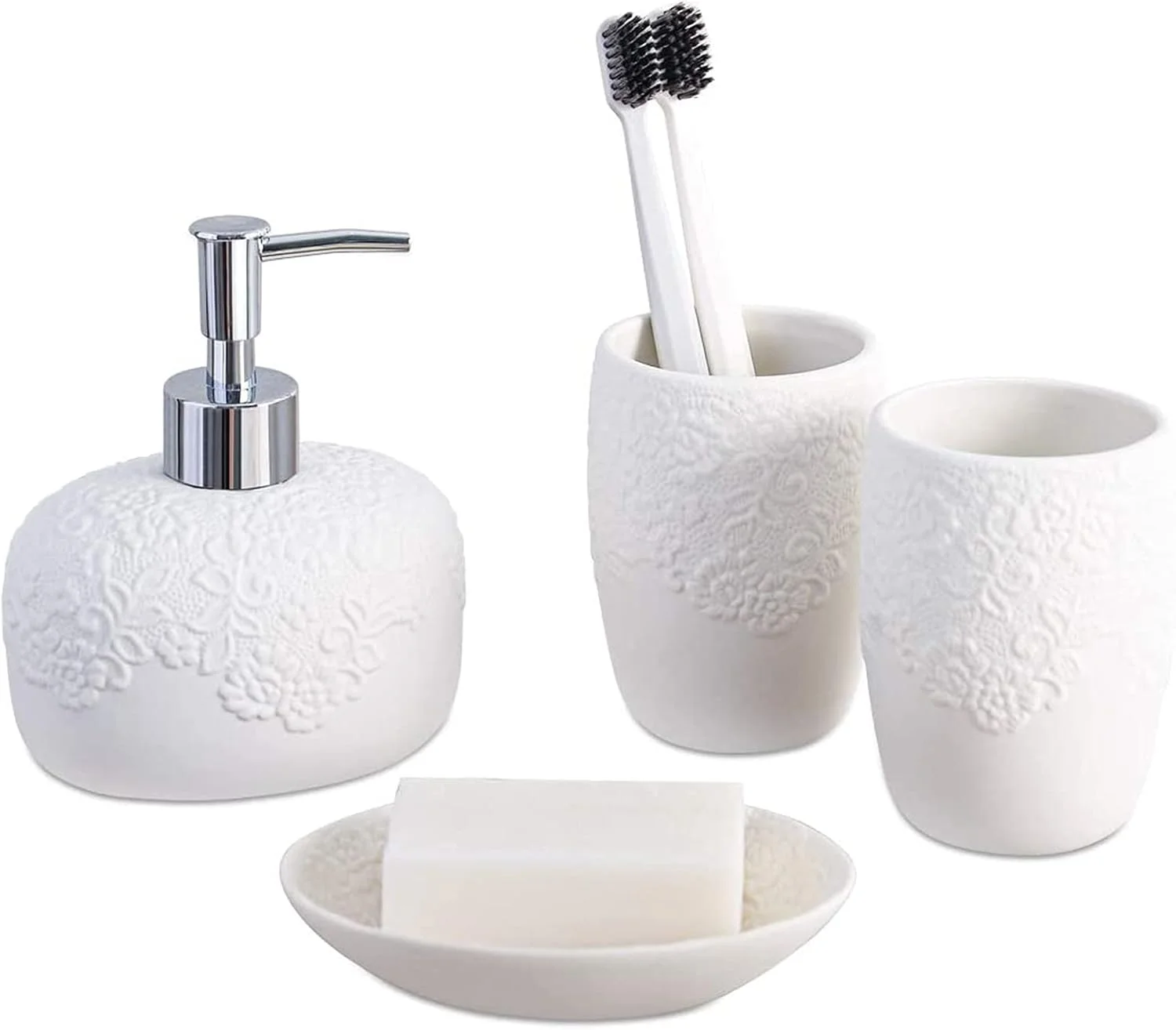 ست لوازم جانبی سرامیکی سفید رنگ برای حمام، شامل 4 تکه: جای مایع لوسیون، جا صابونی و 2 لیوان