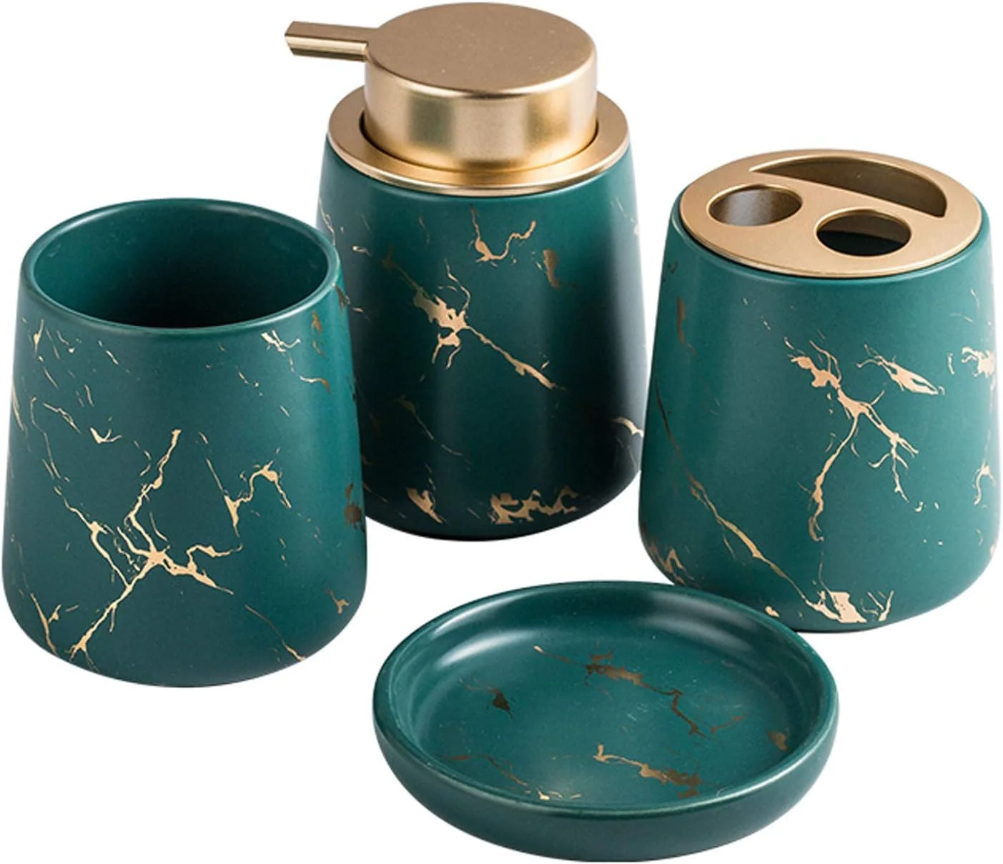 ست کامل لوازم جانبی حمام، طرح مرمر، ست سرامیکی 4 تکه حمام شامل جا مسواکی، جا مایع صابون، لیوان و جا صابونی