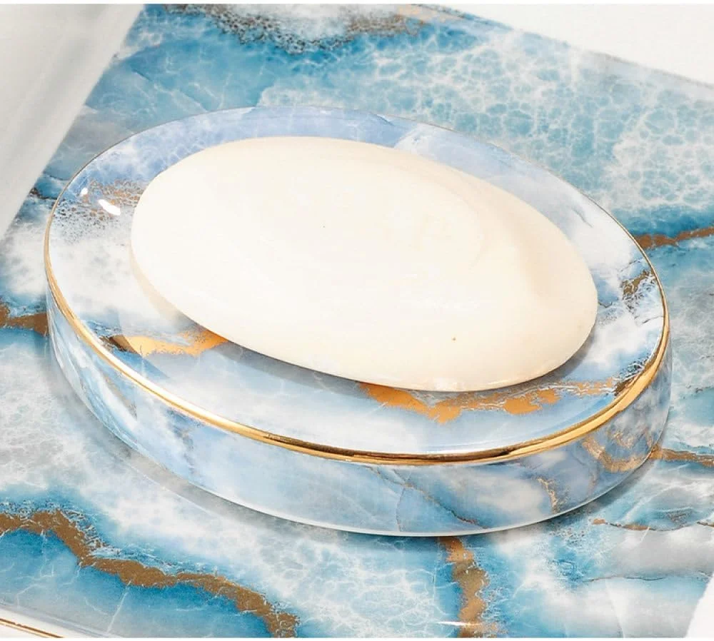 ست لوازم جانبی حمام سرامیکی طرح مرمر آبی، ست کامل هتلی، لوازم جانبی لوکس حمام با جا مسواکی/مایع ریز صابون/جای صابون (آبی B)