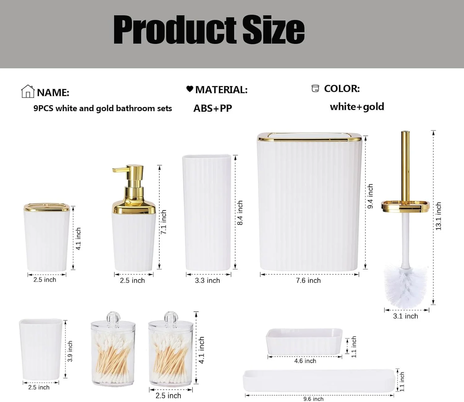 ست لوازم جانبی حمام، ست ۹ تکه سفید کامل حمام شامل جا مسواکی، سطل زباله، جا مایع لوسیون، لیوان مسواک، سینی روشویی، جا صابونی، برس توالت، جا پنبه برای خانه جدید