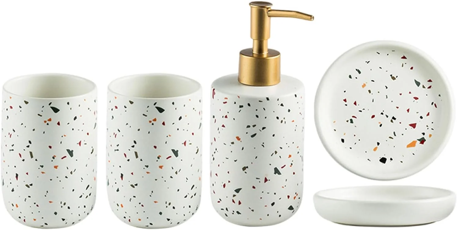 ست لوازم جانبی حمام، ست لوازم جانبی رویه کابینت حمام، ست لوازم جانبی سرامیکی حمام، ست حمام، طراحی مدرن، دکور حمام، با پخش کننده لوسیون، فنجان، جای صابون