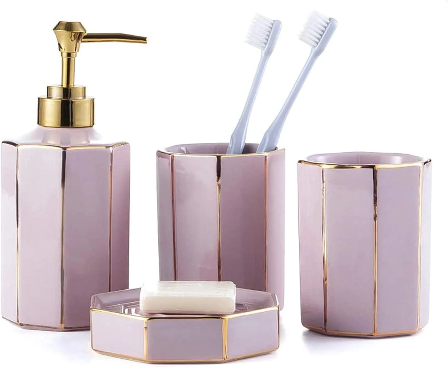 ست لوازم جانبی ۴ تکه سرامیکی برای حمام، شامل جا مایع، لیوان و جا صابونی (صورتی)